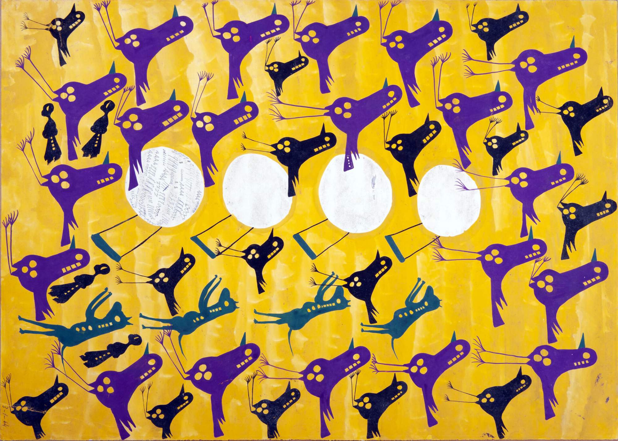 Carlo Zinelli, Uccelli, cani e quattro cerchi bianchi su sfondo giallo, 3 gennaio 1964, collezione privata - Courtesy CLP