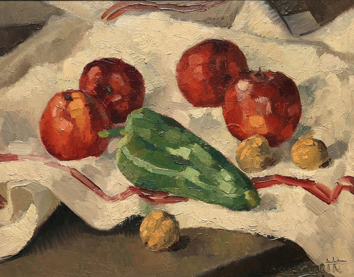 Angelo Giorgetti, Natura morta con mele, noci e peperone, anni trenta, olio su tela, Collezione Famiglia Pelli, Lugano - Courtesy Studio ESSECI